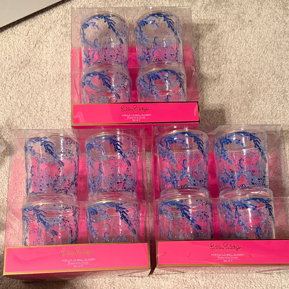 Lilly Pulitzer Acrylic Lo-Ball Glass Set in Coraly -12 total glasses (3 packs 4)